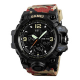 Reloj Pulsera Skmei 1155 De Cuerpo Color Negro, Analógico-digital, Para Hombre, Fondo Negro, Con Correa De Poliuretano Color Beige, Rojo Y Negro, Agujas Color Verde, Naranja Y Blanco, Dial Amarillo Y 