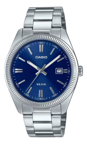 Reloj Casio Analógico Mtp-1302d-2av Sin Genero Correa Plateado Bisel Plateado Fondo Azul Marino