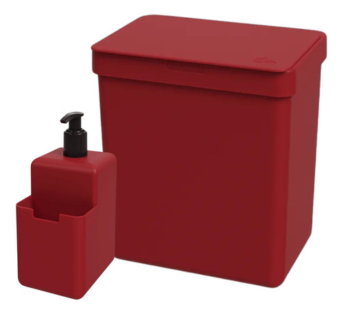 Lixeira 2,5 L C/ Tampa + Porta Detergente Bucha Pia Cozinha Cor Vermelho