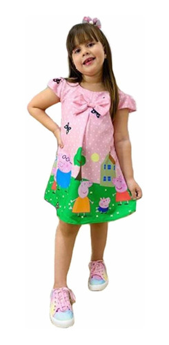 Vestido Infantil Temático Peppa Pig Rosa Trapézio Rodado