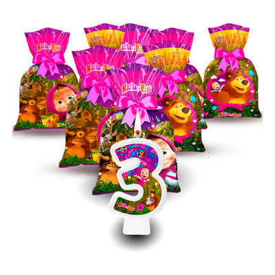 Kit Festa Lembrancinha Masha E O Urso Decora Vela +sacolas