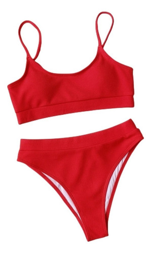 Traje De Baño Mujer Bikini Color Sólido Moda Playa Deportes
