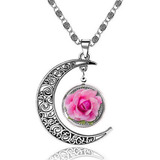 Collar Cadena Color Plata Luna Cristal Flor Rosas Para Mujer