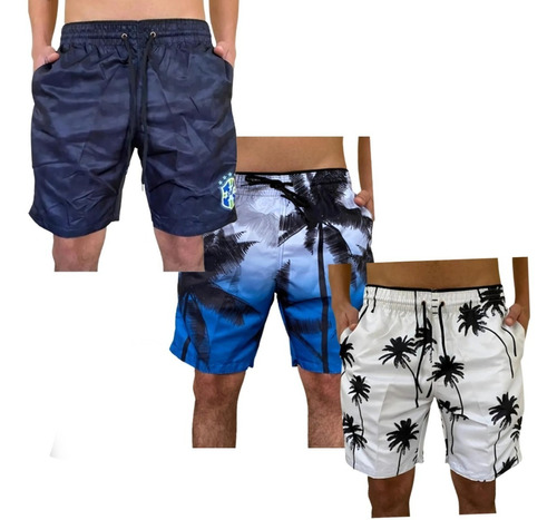 Kit 3 Shorts Masculino De Praia Bermuda Seca Rápido Top 