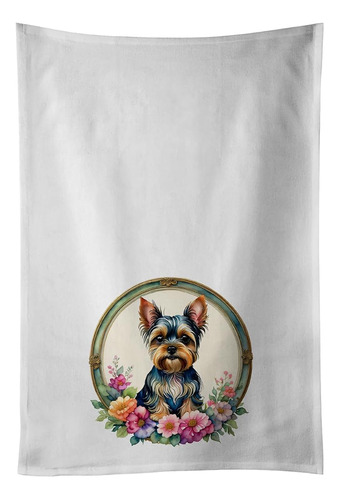 Yorkshire Terrier And Flowers Kitchen Towel Set Of 2 White D