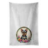 Yorkshire Terrier And Flowers Kitchen Towel Set Of 2 White D