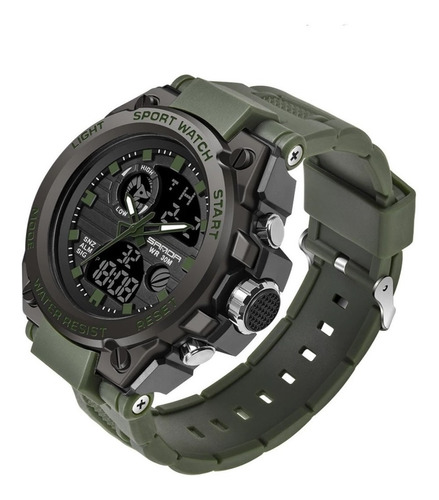 Reloj Pulsera Sanda 739 Con Correa De Poliuretano Color Verde Ejército - Fondo Negro