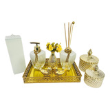 Kit Lavabo Luxo Dourado Branco Aroma Sabonete Porta Escovas