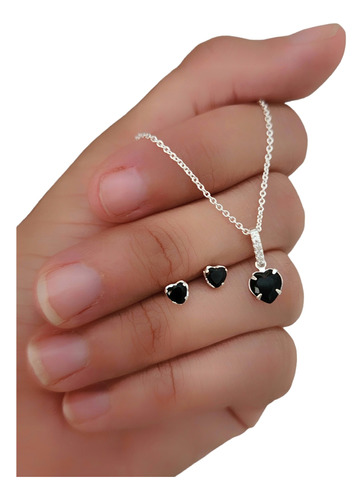 Conjunto Cadena Italiana Dije Corazón Negro Y Aros Plata 925