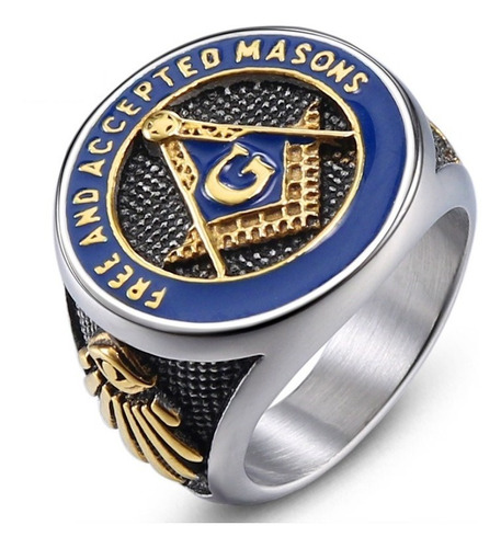 Anillo Masonico Para Hombre Azul Dorado Acero Inox A224