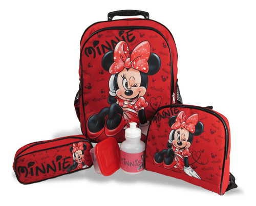 Kit Escolar Infantil Mochila Minnie Mouse Rodinhas Tamanho G