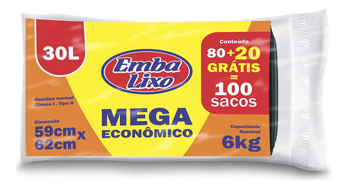 Saco De Lixo Preto Embalixo 30 Litros 100uni Econômico