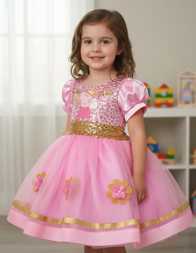 Vestido Para Niñas Estampado De Peppa Pig Lentejuela