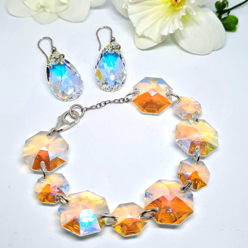 Conjunto De Aros Colgantes Y Pulsera De Plata 925  Cristales