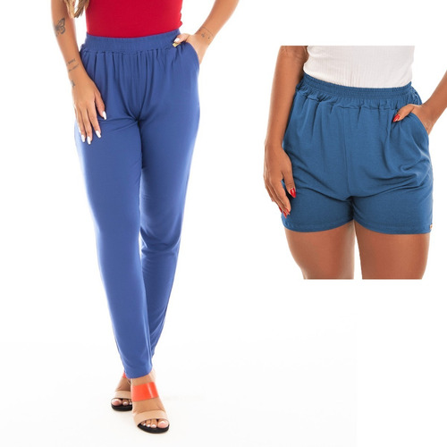 Combo Calça + Short Feminino Viscolycra Lisa Tarelles