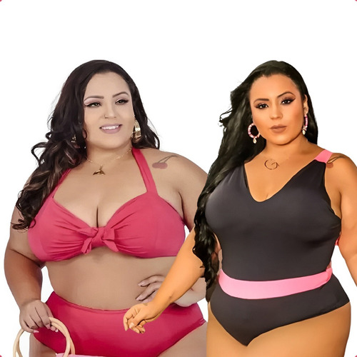 Kit Biquíni Maiô Plus Size Cintura Alta Bojo Praia Verão