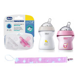 Set Recien Nacido Chicco Mixto 2 Mamaderas 2 Chupetes Nena 