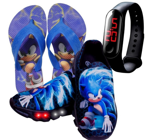 Tênis Led Sonic Personagens + Chinelo + Relógio Infantil 