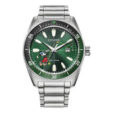 Reloj Citizen Hora De Jugar Mickey Aw1595-78w Original Color De La Correa Plata Color Del Bisel Plateado Color Del Fondo Verde