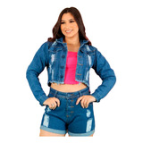 Blusa Jaqueta Jeans Escura Feminina Manga Longa Botões