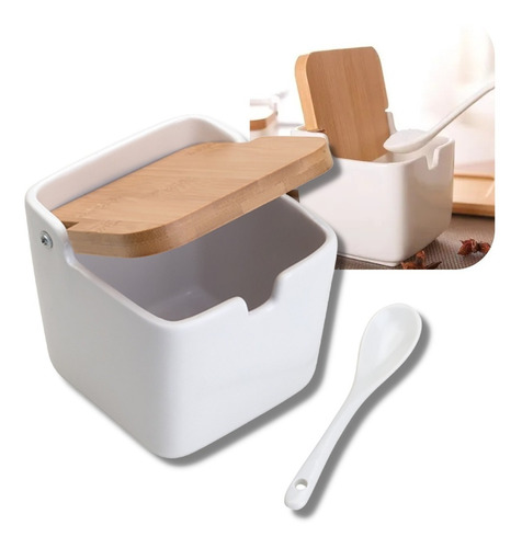 Pote Saleiro Cozinha Porcelana Com Tampa Bambu + Colher Lyor