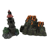 Figura Adorno Acuario Resina Set Volcán Y Torre