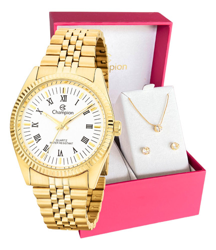 Relógio Feminino Dourado Champion Luxo + Colar E Brincos 18k