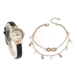 Relógio Feminino Dourado Pulseira Em Couro Pequeno Kit Joias Cor Da Correia Preto Cor Do Fundo Branco