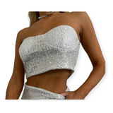  Crop Top Corset Strapless Brilloso Con Detalle Lentejuelas