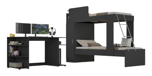 Conjunto Quarto Beliche E Mesa Gamer Multimóveis Mp4113 Cor Preto