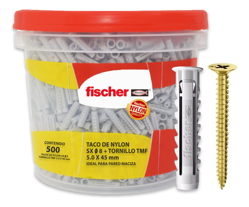 Tarugo Taco Fischer Sx 8 Para Ladrillo Hueco + Tornillos Tmf Fix 5 X 45mm Balde De Fijaciones Por 500 Unidades (código 616289)