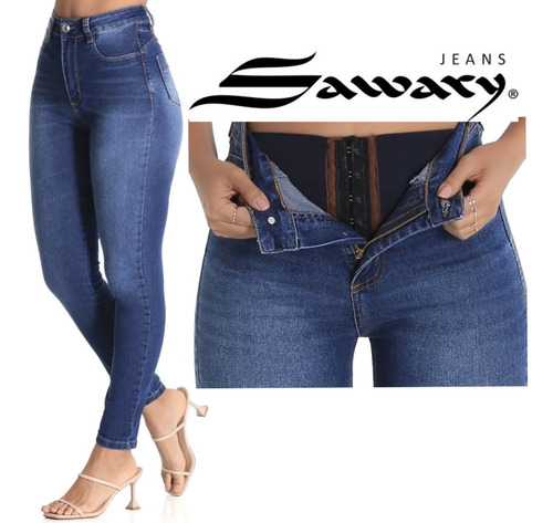 Calça Sawary Jeans Lycra Modela Cintura Cinta Compressora 