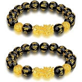 Pulsera De Feng Shui De Piedras Obsidianas Color Negro 2pzs