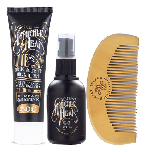 Kit Barba Pente De Madeira + Óleo De Barba + Balm Hidratante