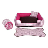 Caminha Pet  Kit Pra Cachorro Cama G 70x70cm Edredom E Tapet Cor Rosa Bolinhas