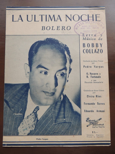 Antiga Partitura La Ultima Noche Bolero Boby Collazo Vargas