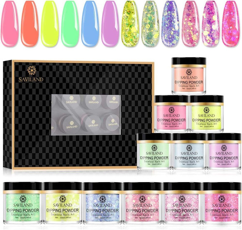 Saviland Dip Powder Nail Colors Set  12 Glitter Dipping...