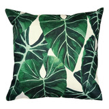 Capa Almofada Sarja Tropical Plantas Folhas Verde/bege 45x45