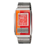 Reloj Casio La-201w-4adf Mujer 100% Original Color De La Correa Plateado Color Del Fondo Naranja