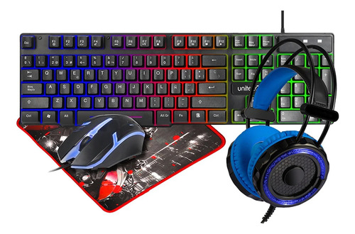 Combo Gamer 4 En 1 Unitec Km18 Rgb Negro/azul