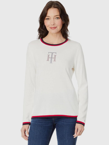 Sweater De Algodón Con Incrustaciones Blanco Tommy Hilfiger