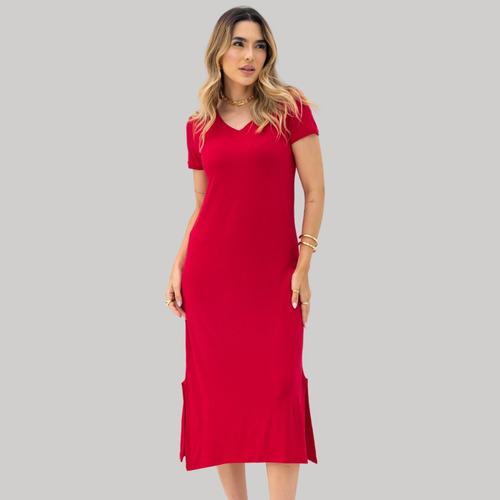 Vestido Feminino Malha De Viscose Midi Com Mangas