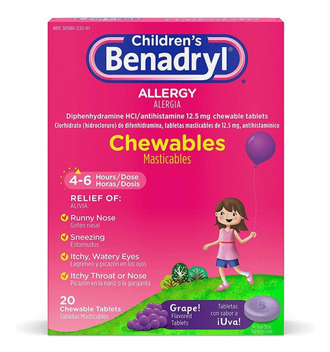 Anti Alérgico Para Niños Benadryl Alergía 20tabs Masticables