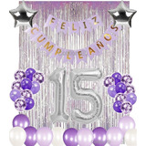 Combo Deco Cumple Lila Violeta Plata Globos Banderin Cortina