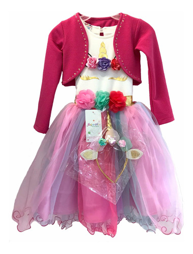 Vestido De Unicornio Para Niña Con Torera Y Diadema 