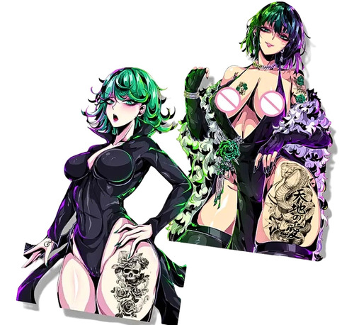 2 Pegatinas Calcomanía Sticker Adulto Anime Waifu Verde 13cm