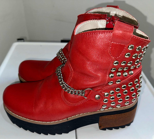 Borcegos Cuero Vacuno Rojo Con Tachas Numero 37 Impecables