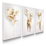 Kit Quadros Sala Flores Douradas Branco Abstrato Moldura 