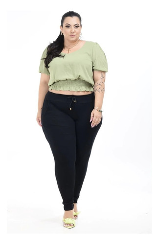 Calça Ribana Básica Lisa Plus Size Cordão De Amarra