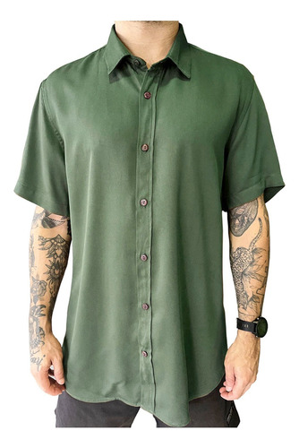 Camisa Social Masculina Listrada Lisa Viscose Manga Curta